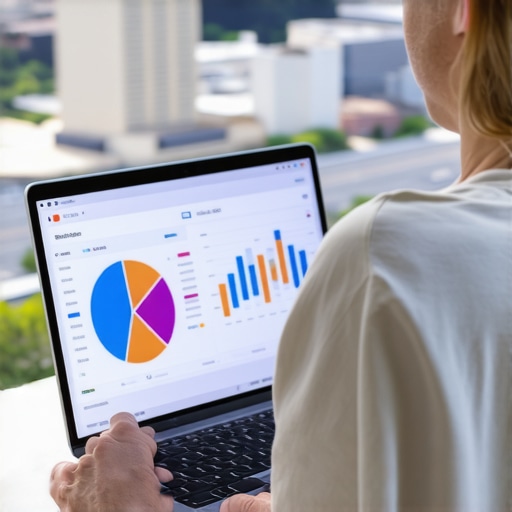Person reviewing Google Maps SEO analytics with Tulsa skyline in background.