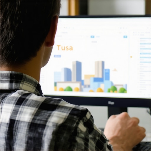 Digital marketer reviewing Tulsa SEO analytics with cityscape background