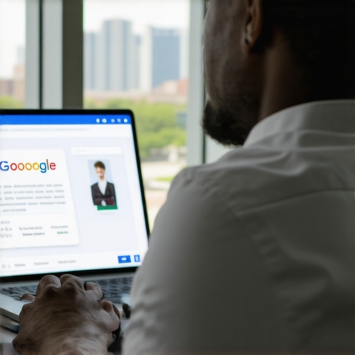 Business owner updating Google My Business profile with Tulsa skyline in background.