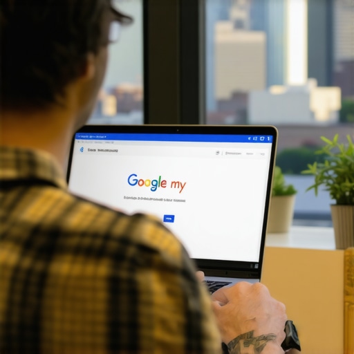 Optimizing GMB Profile in Tulsa Business owner updating GMB profile with Tulsa skyline in background.