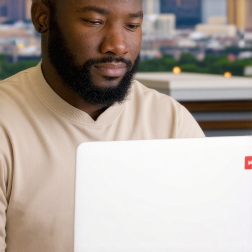Business owner updating Google My Business profile with Tulsa cityscape view.