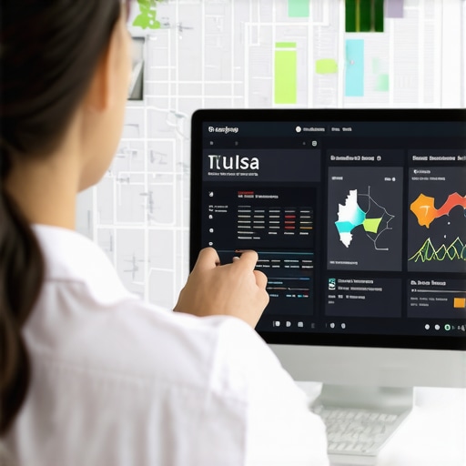 Analyzing Local SEO Data in Tulsa Person reviewing local SEO analytics dashboard with Tulsa city map as background.