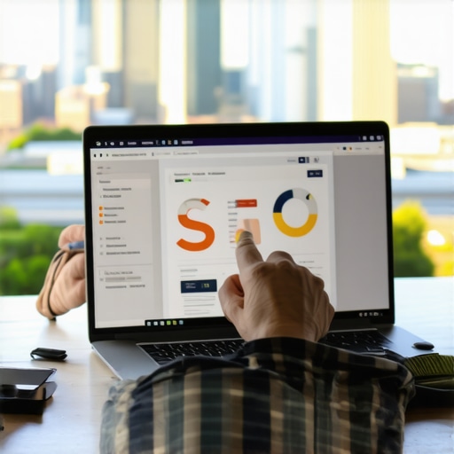 Person using laptop with Tulsa skyline and digital analytics charts on screen