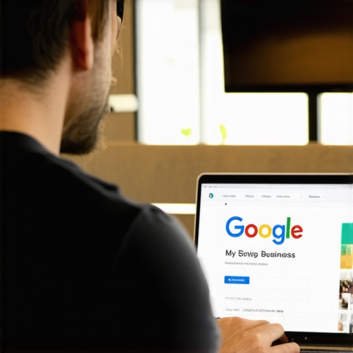 Tulsa business owner working on Google My Business listing on laptop with local storefronts