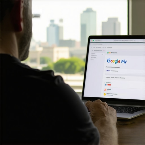 Optimizing GMB for Tulsa Business Growth Business owner working on Google My Business profile with Tulsa skyline