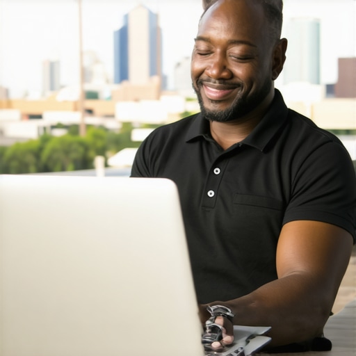 Business owner optimizing Google My Business profile with Tulsa skyline in background.