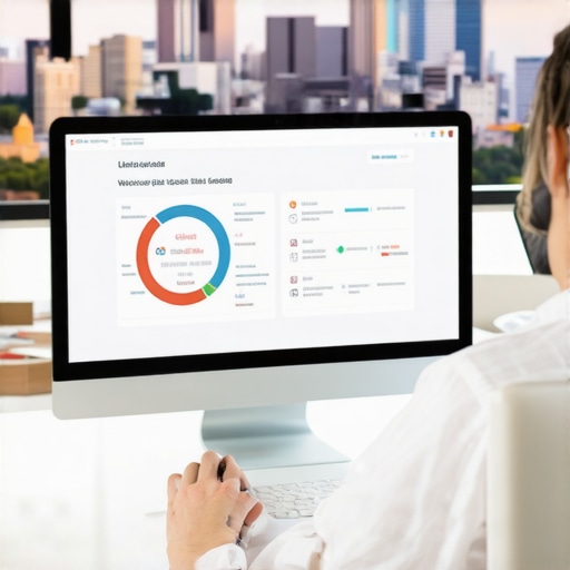 Person reviewing Tulsa local SEO analytics on a computer with cityscape backdrop.