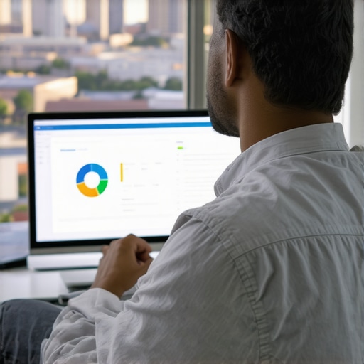 Person analyzing local SEO metrics on screens with Tulsa city in background.