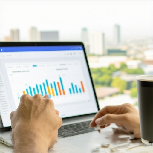 Person analyzing local SEO data on a laptop with Tulsa skyline behind.