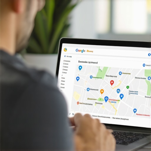 Business owner updating Google My Business profile on laptop with Tulsa cityscape in the background.