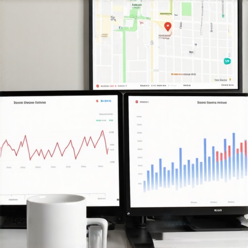 Computer screen displaying SEO analytics dashboard with maps and ranking data.