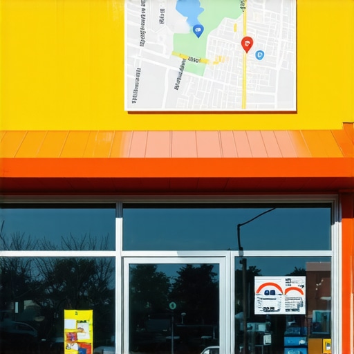 Colorful storefront in Tulsa arts district with Google Maps ranking overlay.