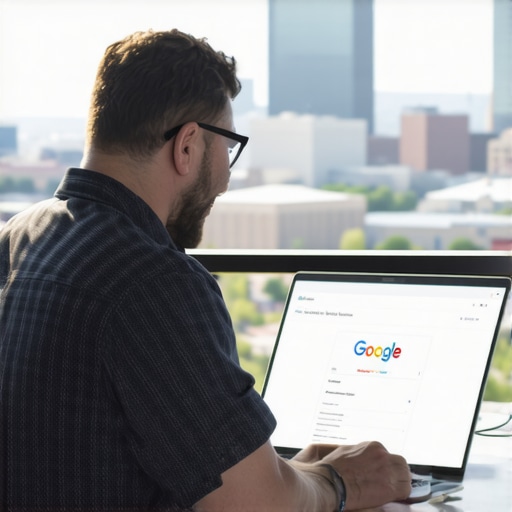 Business owner updating Google My Business profile with Tulsa cityscape in background.