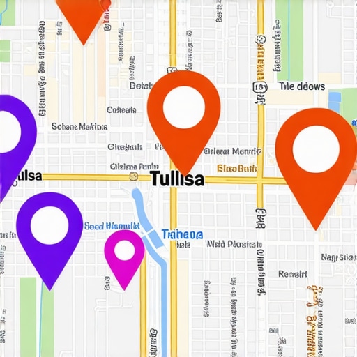 Tulsa Local SEO Strategies Map of Tulsa with icons representing local SEO tactics like reviews, citations, and profile optimization.