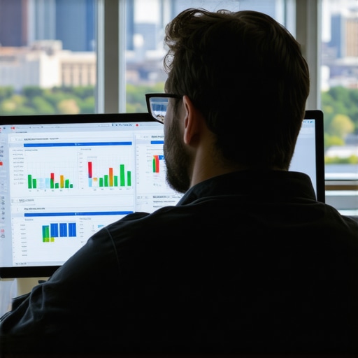 Person analyzing SEO performance on a computer with Tulsa cityscape behind
