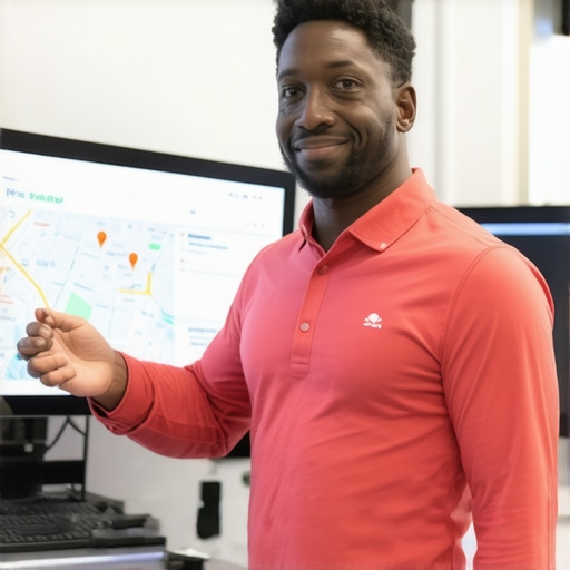 A small business owner working on Google My Business profile with Tulsa cityscape background