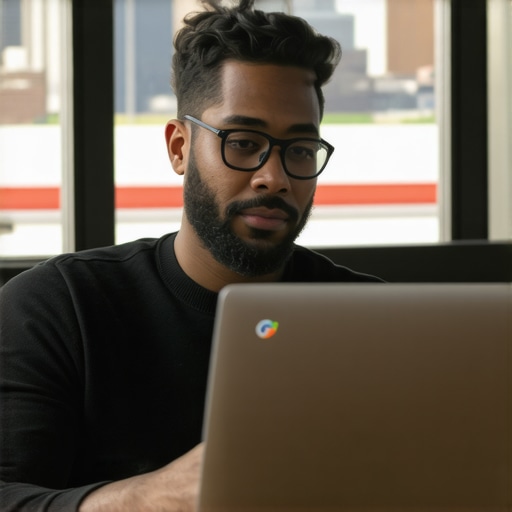Tulsa business owner working on Google My Business profile with local landmarks in background.