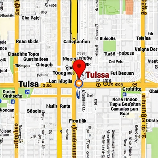 Tulsa downtown with business location pins on Google Maps.