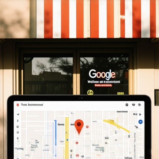 Small Tulsa business storefront next to a digital Google Maps display
