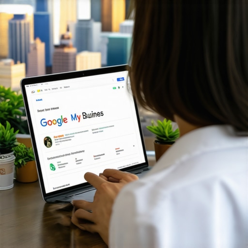 Digital marketer updating a Tulsa business profile online, with Tulsa landmarks in the background.