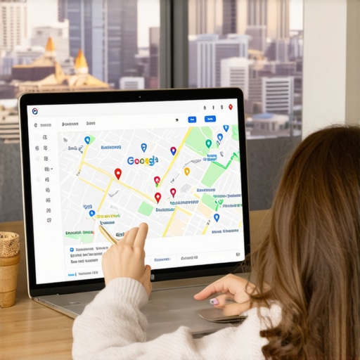 Business owner working on Google Maps profile with Tulsa skyline in background