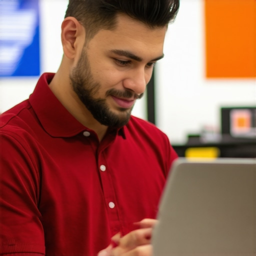 Business owner enhancing Google My Business profile on a laptop with Tulsa storefront in background.